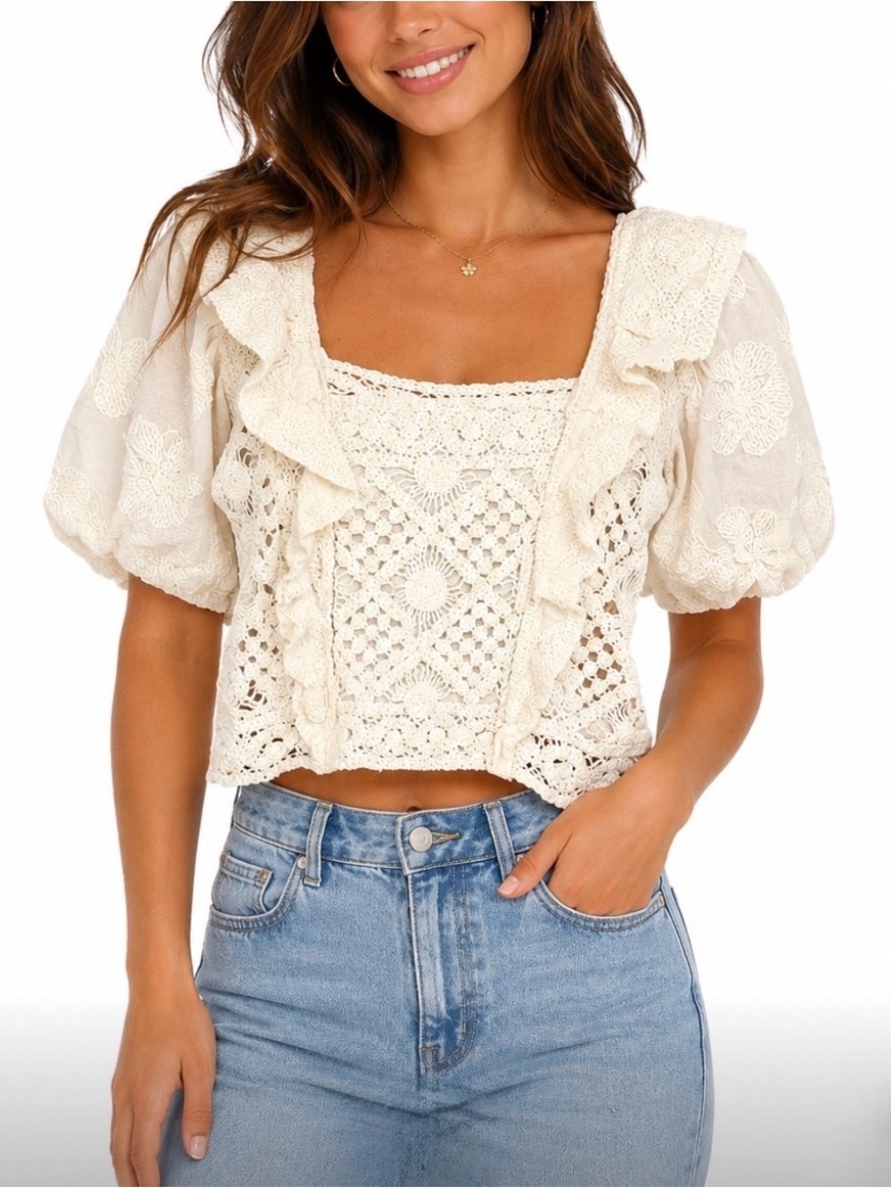 Urban Revivo Crochet Square-Neck Puff Sleeve Top - Bone